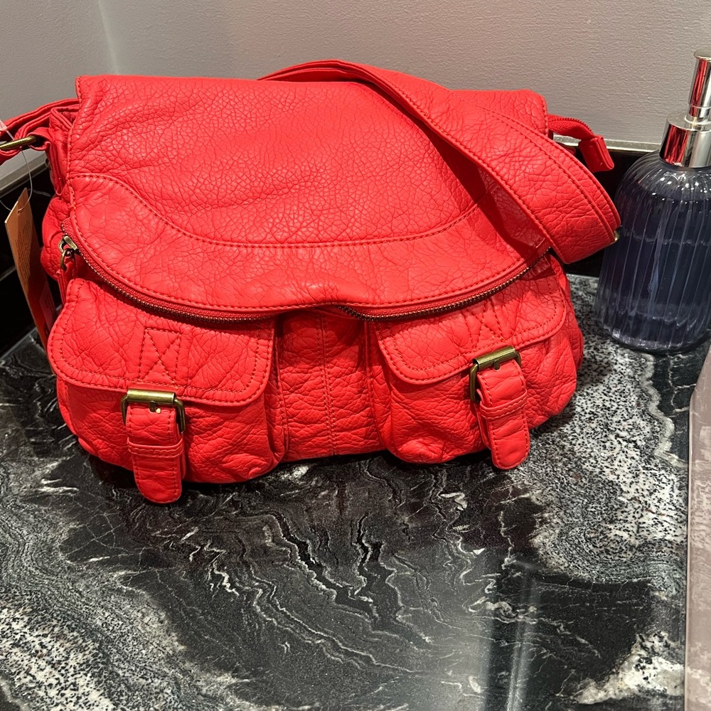 NWT Red Pebbled Vegan Leather Crossbody Tote